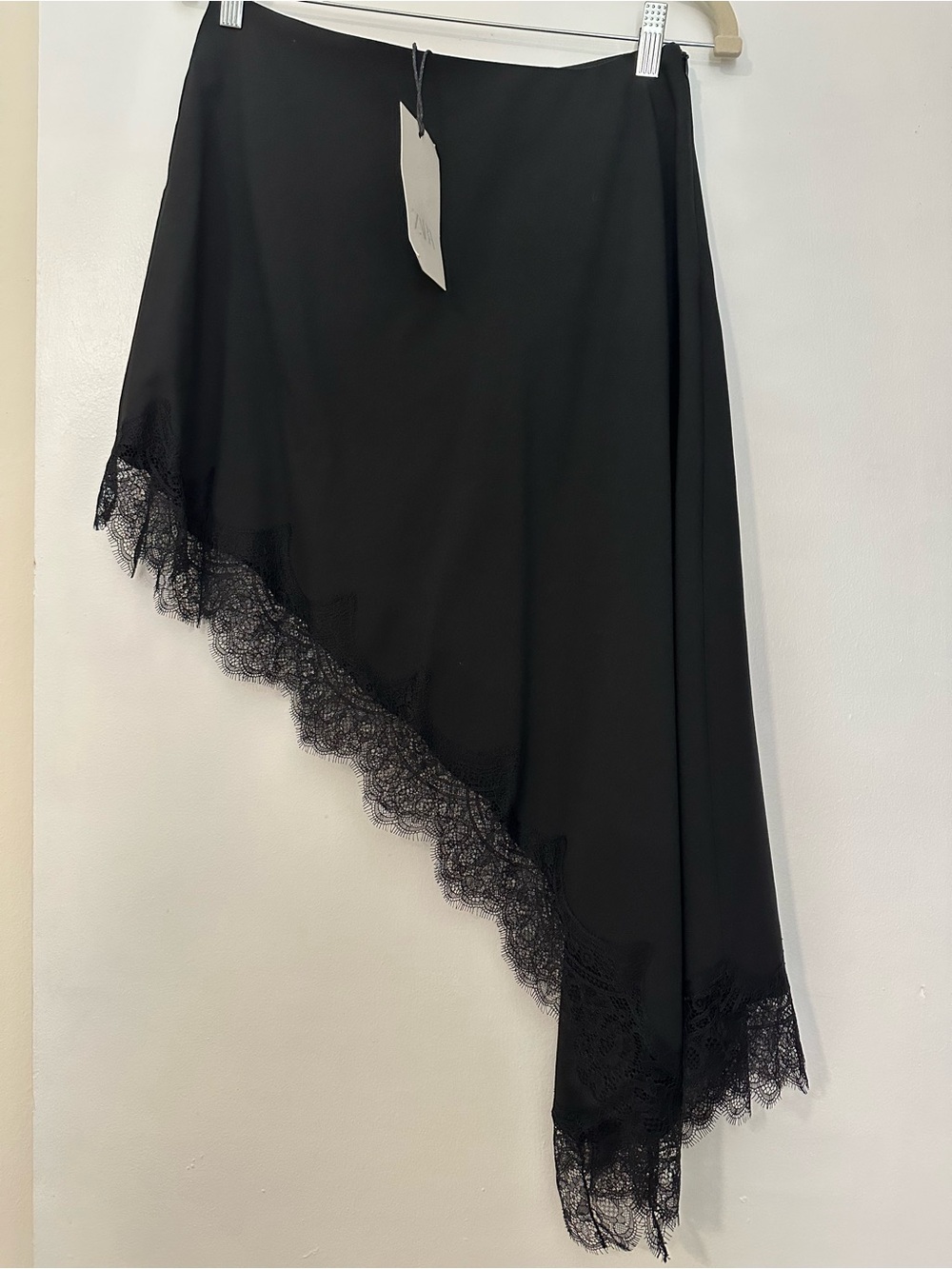 Zara Black Asymmetrical Lace-Trim Midi Skirt
